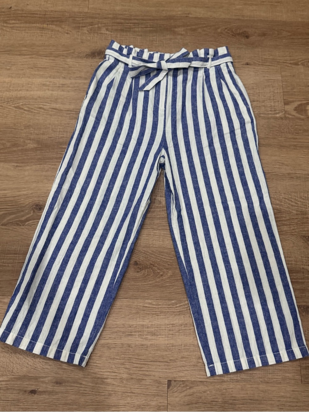 J.Crew Blue White Striped Wide Leg Pants Paperbag Waist Belt Size 8